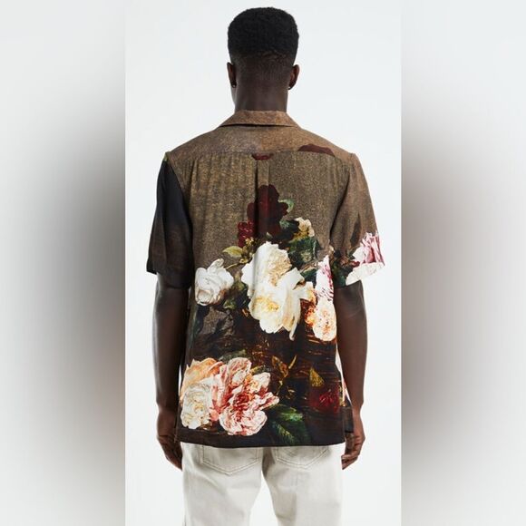 NWT New Order Men’s Tan Floral Roses Short Sleeve Button Down Shirt - Size XL - Picture 3 of 12
